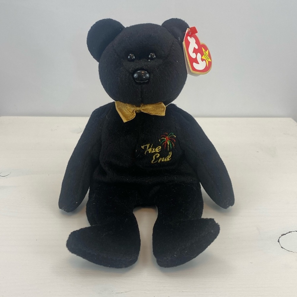 Black TY Beanie Baby Bear‎ with Gold Bow The End